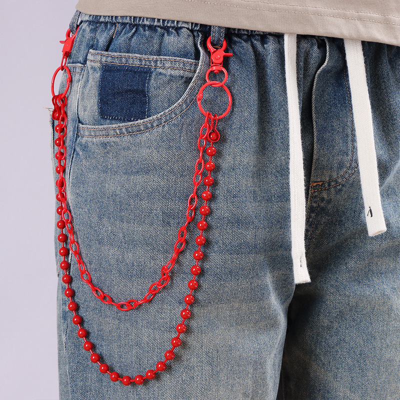 Street Fashion Harajuku - Chaîne de pantalon multicouche perlée rouge