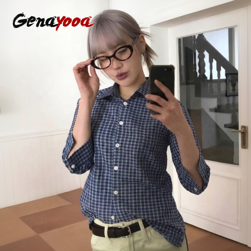 Street Fashion Japan - Genayooa Y2k chemise à carreaux femmes